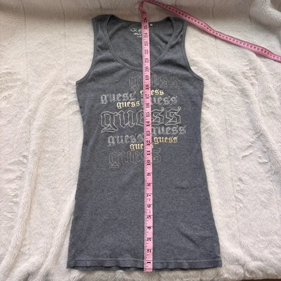 GUESS Grey Ribbed Tank Top Large Y2K Gothic Font Rhinestone - Picture 7 of 7